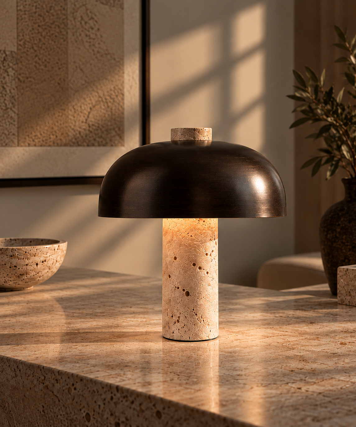 Sculptural travertine table lamp by Atelier Valère