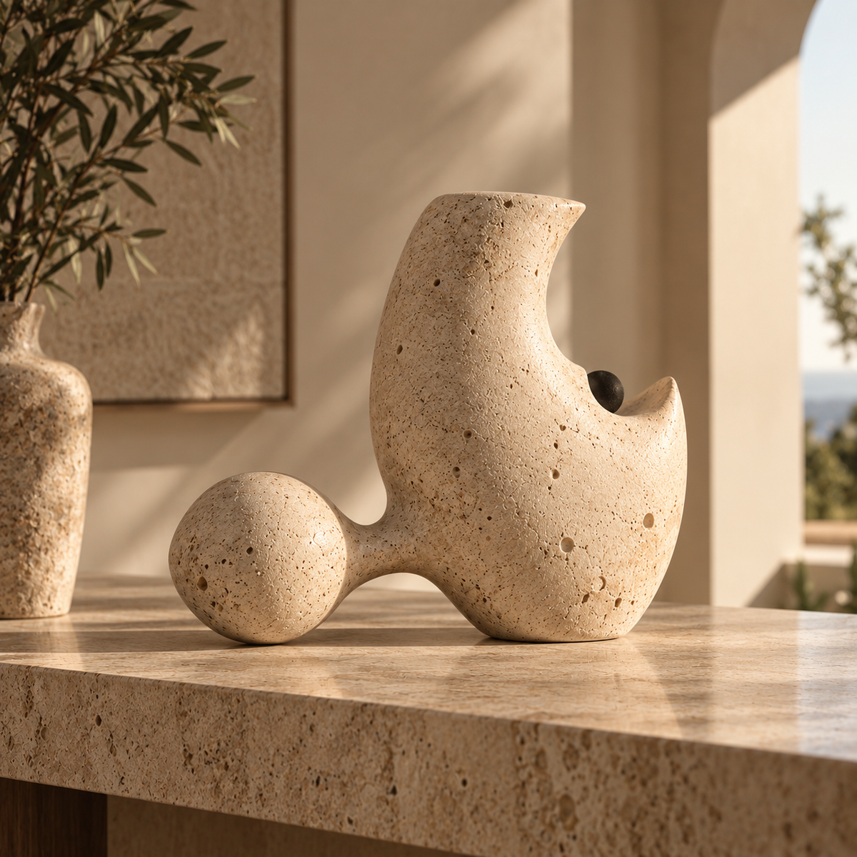 Organic travertine sculpture by Atelier Valère